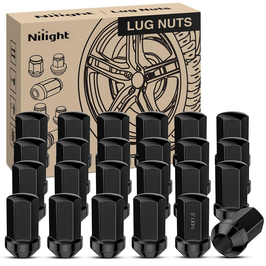 Nilight 24PCS M14x1.5 Lug Nuts One-Piece Compatible with 2012-2024 RAM 1500 | for 2000-2024+ Suburban/Tahoe/Yukon/Escalade 1999-2025 Silverado/Sierra 1500 Solid Black Steel OEM Factory Wheel Nut Replace