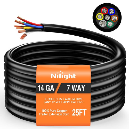 Nilight 25 Feet 7 Way Trailer Extension Cable RV Standard Wire 14 Gauge 7 Conductor 100% Pure Copper Insulated Heavy Duty Cord Weatherproof for 7 Pin Blade Truck Camper RV Automotive