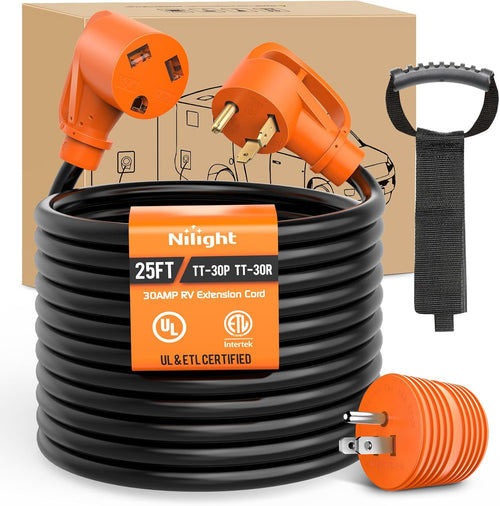 Nilight 25FT 30 Amp RV Extension Cord with Adapter 15Amp to 30Amp 125V Heavy Duty 10/3 Gauge Pure Copper STW Wire UL ETL Listed 3 Prong TT-30P TT-30R Weatherproof Suit for Generators Campers