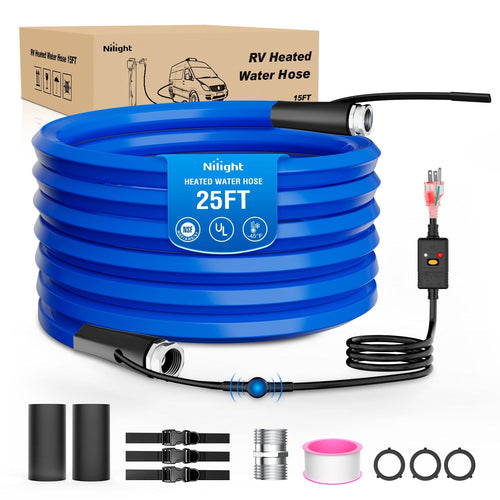 Nilight 25FT Heated Water Hose RV 5/8inch Inside Diameter -45°F Freeze Protaction Antifreeze Garden Drinking Hoses with Saving Thermostat and Smart Heat System for Winter Camper Supply Accessories