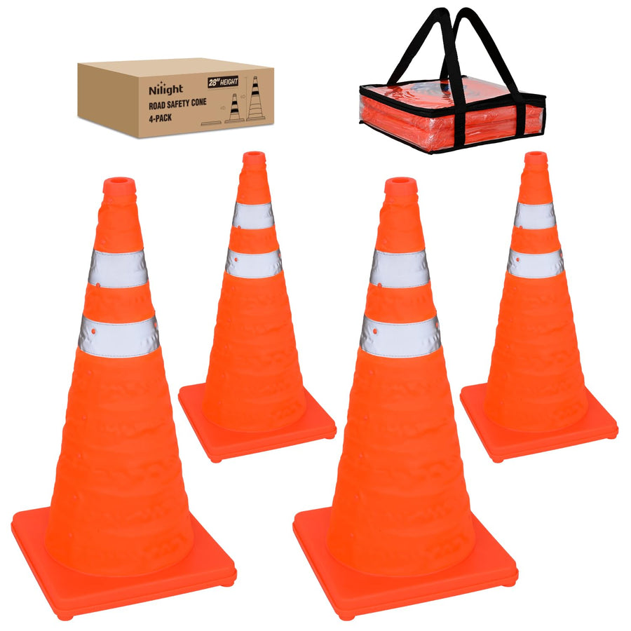 Nilight 28 Inch Collapsible Traffic Safety Cones 4 Pack - Bright Orange Parking Cones with Reflective Collars for Roadside Emergency, Parking, Driving Practice