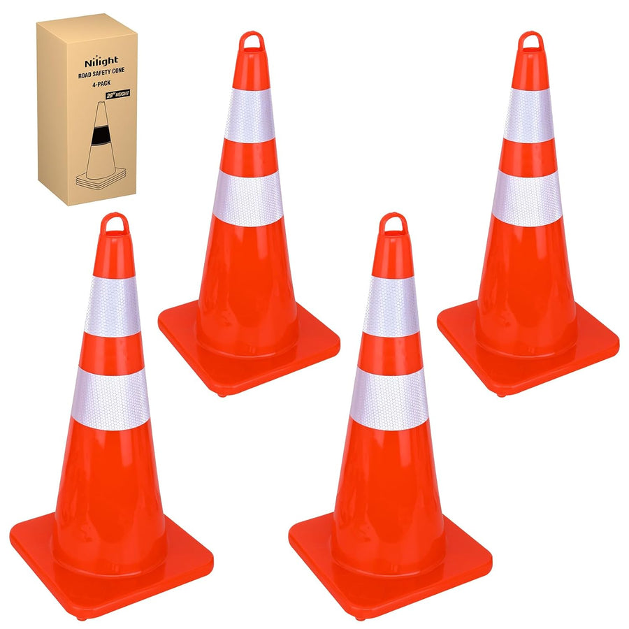 Nilight 28 inch Traffic Safety Cones, 4 Pack Durable PVC Orange Cones with Reflective Collars for Road Safety, Parking, Construction Work, Sports Training