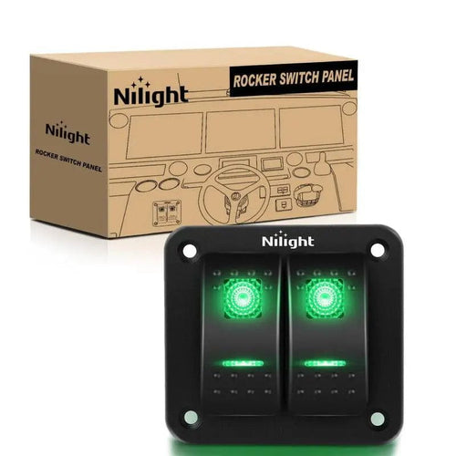Nilight 2Gang Aluminum 5Pin ON/Off Rocker Switch Panel Green
