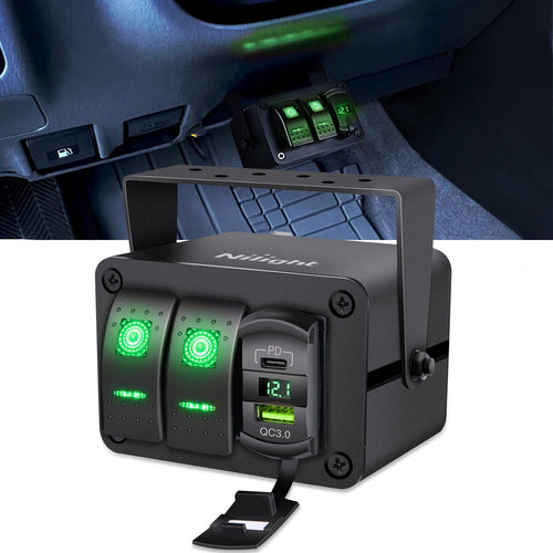 Nilight 2Gang Aluminum ON/Off Rocker Switch Box w/ QC 3.0 Dual USB Charger Voltmeter with Green Backlit