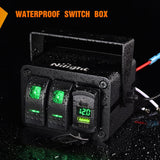 Nilight 2Gang Aluminum ON/Off Rocker Switch Box w/ QC 3.0 Dual USB Charger Voltmeter with Green Backlit, view 6