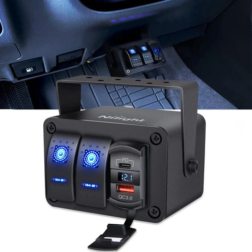 Nilight 2Gang Blue Rocker Switch Box w/ PD Type C | QC 3.0 USB Charger Voltmeter