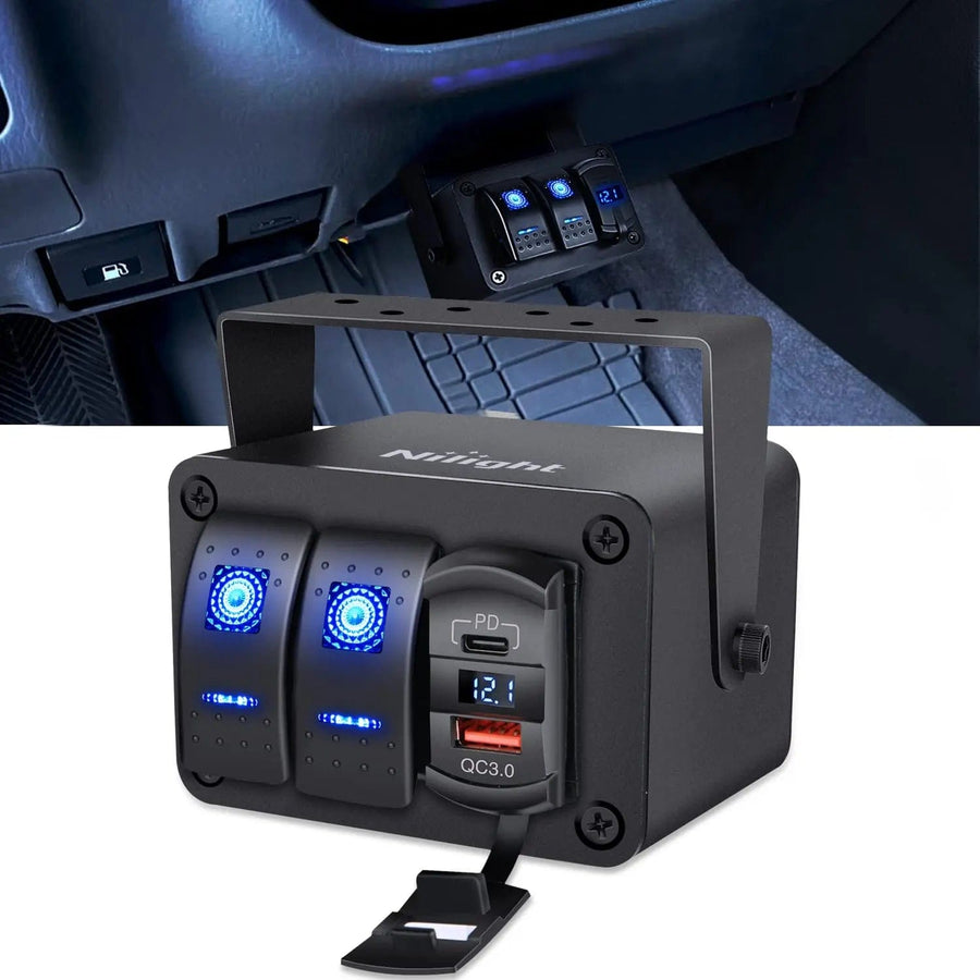 Nilight 2Gang Blue Rocker Switch Box w/ PD Type C | QC 3.0 USB Charger Voltmeter