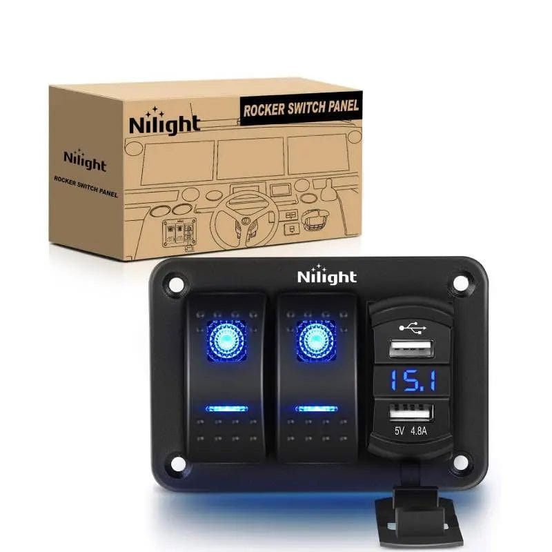 Nilight 2Gang Blue Rocker Switch Panel w/ 4.8 Amp Dual USB Charger Voltmeter