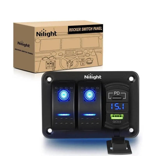 Nilight 2Gang Blue Rocker Switch Panel w/ PD Type C | USB Charger Voltmeter