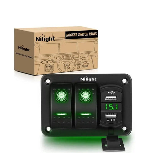 Nilight 2Gang Green Rocker Switch Panel w/ 4.8 Amp Dual USB Charger Voltmeter
