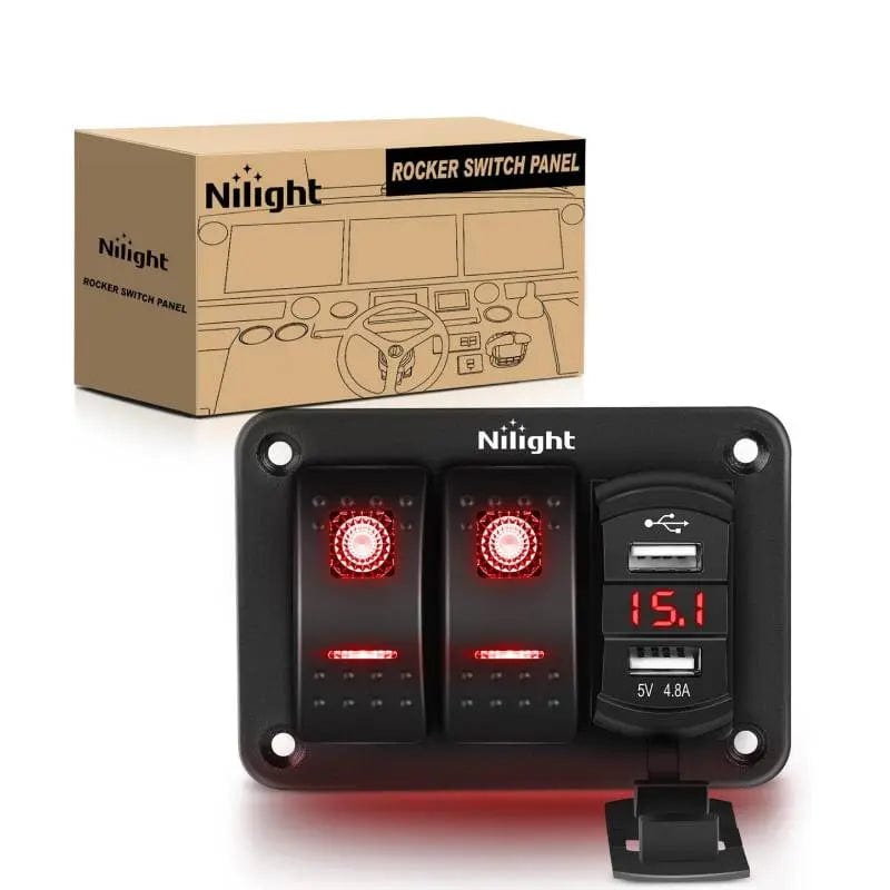 Nilight 2Gang Red Rocker Switch Panel w/ 4.8 Amp Dual USB Charger Voltmeter
