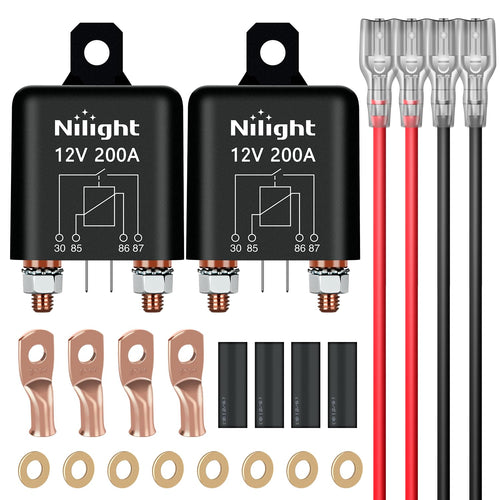 Nilight 2PC 200A Starter Relay 4 Pin Split Relays Switch 12V Continuous SPST High Current 4 Terminal Car Starter Control w/Copper Wire Lugs for Automotive Car Truck Camper
