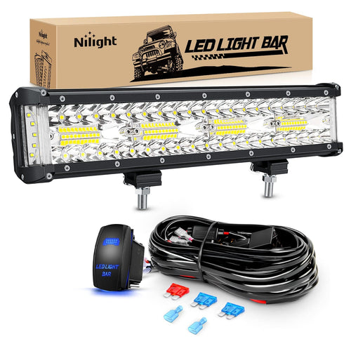 Nilight 2PCS 12Inch Triple Row Spot Flood Combo Led Light Bars with 5Pin Rocker Switch Wiring Harness Kit