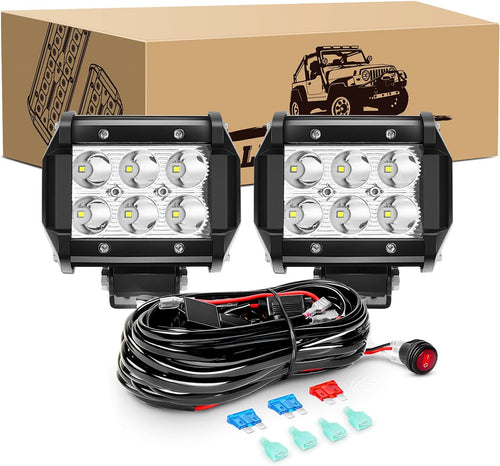 Nilight 2PCS 18W LED Pods Spot Light Bar Fog Light Driving Lighting with 16AWG Off Road Wiring Harness-2 Leads for Truck Golf Cart SUV ATV UTV Boat (Auto-500)