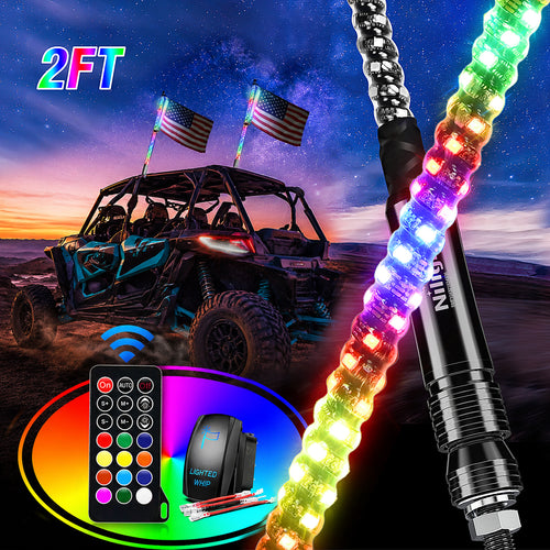 Nilight 2Pcs 2FT Spiral Antenna Led Whip Light RF Remote Control | 8.6FT Wire 5Pin Switch