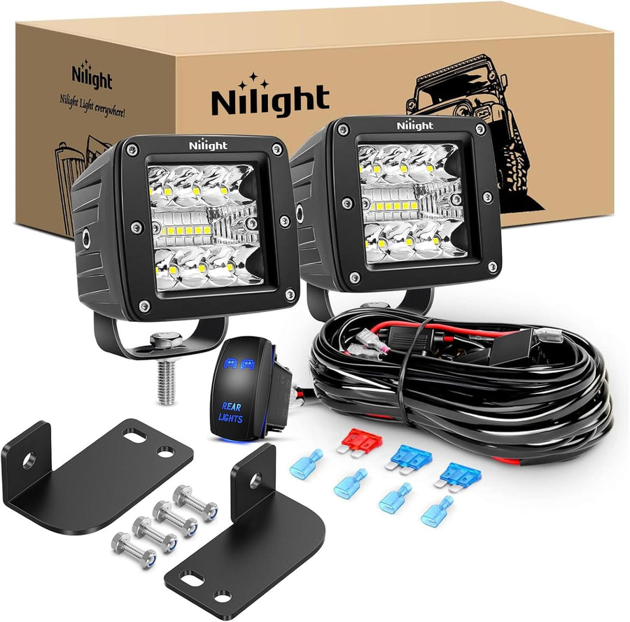 Nilight 2PCS 3 Inch LED Pods Cubes UTV Rear Roof Mounting Brackets LED Backup Reverse Lighting 15FT Wiring Harness Kit 2 Leads for 2013-2024 Polaris Ranger Full Size 570 800 900 1000 XP Crew