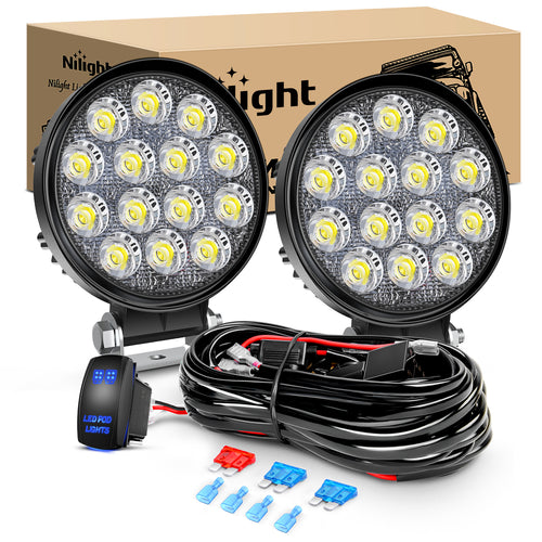 Nilight 2Pcs 4.5Inch LED Pods 42W 4200LM Round Flood Light Off Road Lights Fog Lights 12V 5Pin Rocker Switch Wiring Harness Kit-2 Leads