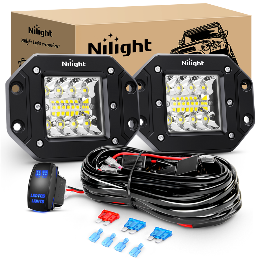 Nilight 2PCS 42W LED Flush Mount Light Pods Upgraded Spot Flood Combo Beam 12V 5Pin Rocker Switch Wiring Harness Kit-2 Leads (ZH044)