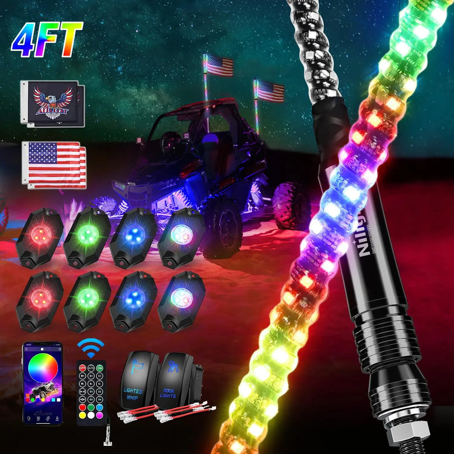 Nilight 2Pcs 4FT Spiral Antenna Bluetooth Remote App Control Led Whip Light | 8Pcs RGB Rock Lights | Wire 5Pin Switch Kits