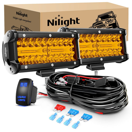 Nilight 2PCS 6.5Inch Amber 120W Led Light Bar with 16AWG 5Pin Rocker Switch Wiring Harness Kit 2 Leads