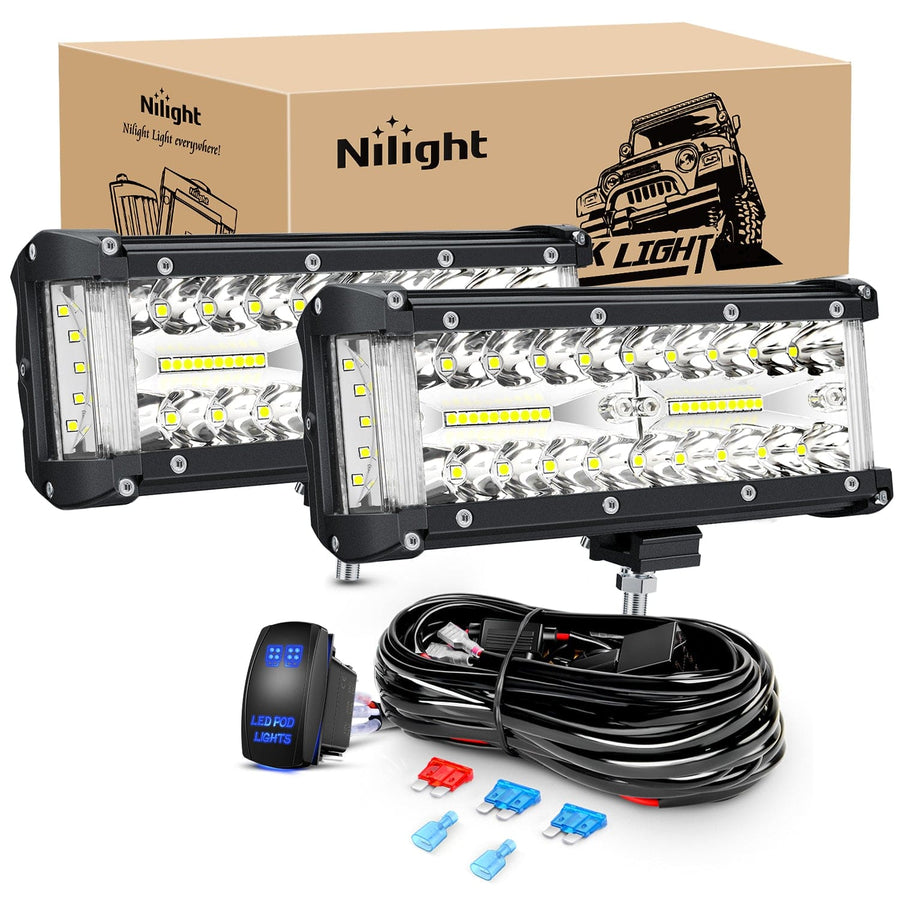 Nilight 2PCS 7Inch Triple Row Spot Flood Combo Led Light Bars with 5Pin Rocker Switch Wiring Harness Kit