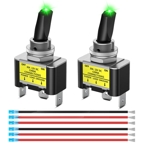 Nilight 2PCS Green LED Toggle Switch 12V DC 30A 3 Pin On Off 2 Position Heavy Duty Rocker Switch with 14AWG Wire for Automotive Cars Trucks Boats Racing Cars Auto Boat