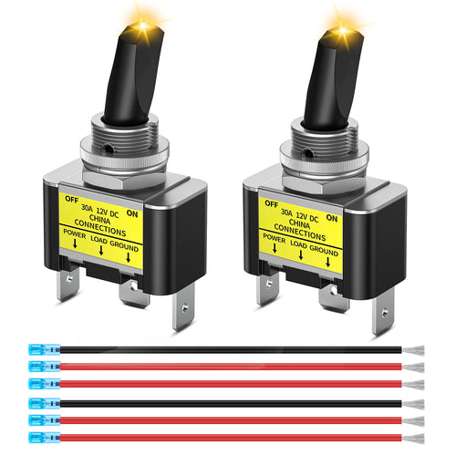 Nilight 2PCS Yellow LED Toggle Switch 12V DC 30A 3 Pin On Off 2 Position Heavy Duty Rocker Switch with 14AWG Wire for Automotive Cars Trucks Boats Racing Cars Auto Boat