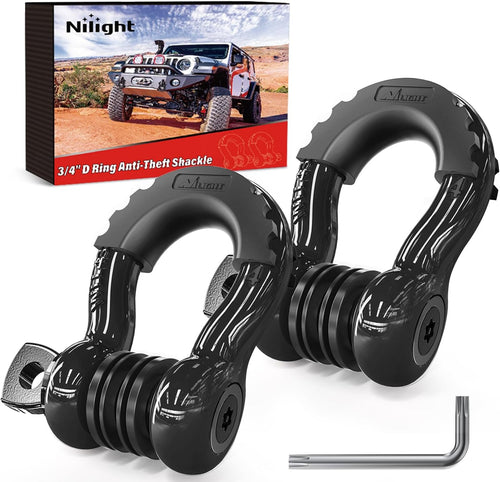 Nilight 3/4 Inch D Ring Anti-Theft Shackle Tow Hook Jeep Truck SUV ATV UTV | Off Road Recovery Gear 19T 41,887 lbs Break Strength 4.75T WLL Rust-Resistant Anti-Rattle Isolators Heavy Duty Black 2pack