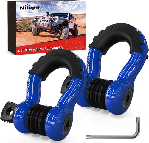 Nilight 3/4 Inch D Ring Anti-Theft Shackle Tow Hook Jeep Truck SUV ATV UTV | Off Road Recovery Gear 19T 41,887 lbs Break Strength 4.75T WLL Rust-Resistant Anti-Rattle Isolators Heavy Duty Blue 2pack