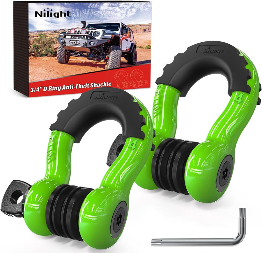 Nilight 3/4 Inch D Ring Anti-Theft Shackle Tow Hook Jeep Truck SUV ATV UTV | Off Road Recovery Gear 19T 41,887 lbs Break Strength 4.75T WLL Rust-Resistant Anti-Rattle Isolators Heavy Duty Green 2pack