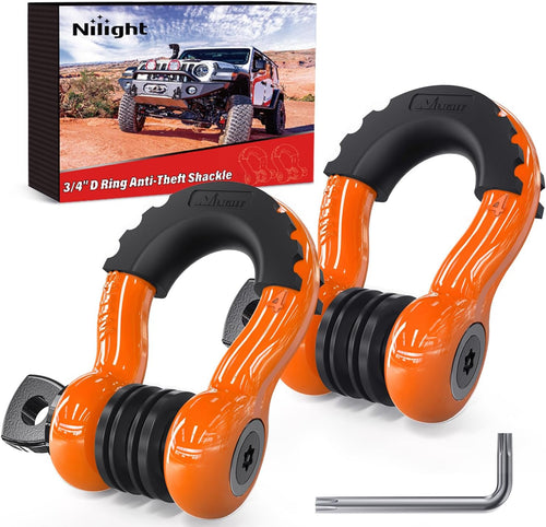 Nilight 3/4 Inch D Ring Anti-Theft Shackle Tow Hook Jeep Truck SUV ATV UTV | Off Road Recovery Gear 19T 41,887 lbs Break Strength 4.75T WLL Rust-Resistant Anti-Rattle Isolators Heavy Duty Orange 2pack