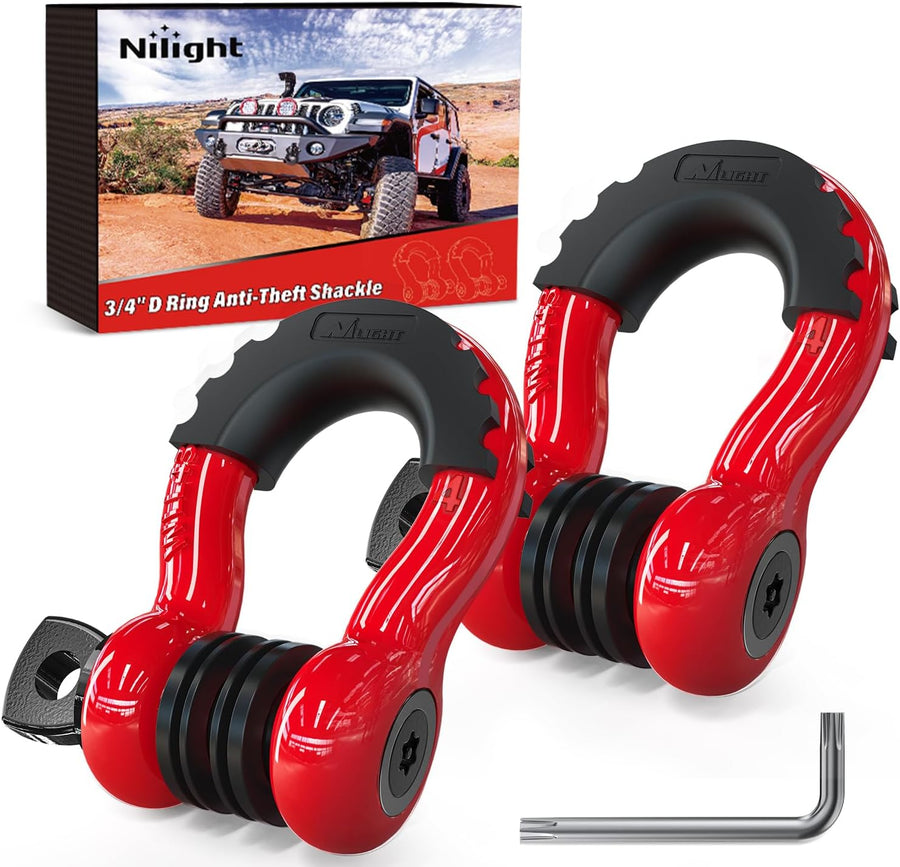 Nilight 3/4 Inch D Ring Anti-Theft Shackle Tow Hook Jeep Truck SUV ATV UTV | Off Road Recovery Gear 19T 41,887 lbs Break Strength 4.75T WLL Rust-Resistant Anti-Rattle Isolators Heavy Duty Red 2pack