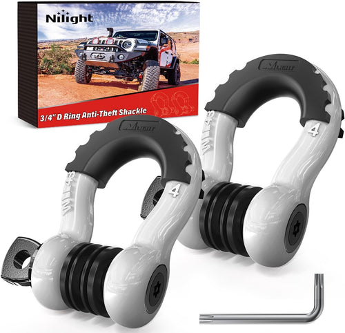 Nilight 3/4 Inch D Ring Anti-Theft Shackle Tow Hook Jeep Truck SUV ATV UTV | Off Road Recovery Gear 19T 41,887 lbs Break Strength 4.75T WLL Rust-Resistant Anti-Rattle Isolators Heavy Duty White 2pack
