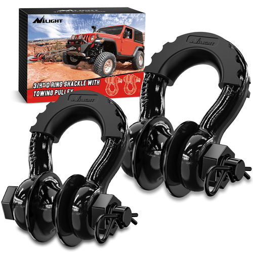 Nilight 3/4 inch D-Ring Shackle with Towing Pulley Black (Pair)