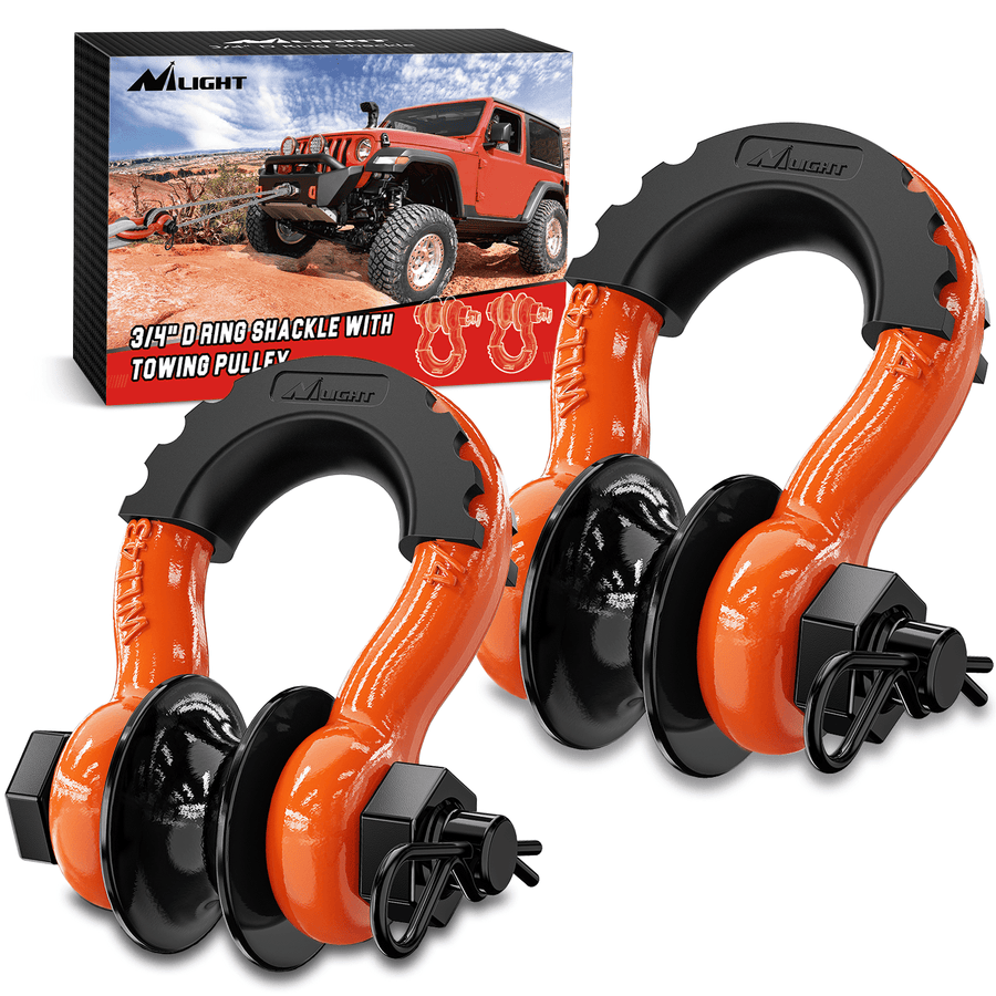Nilight 3/4 inch D-Ring Shackle with Towing Pulley Orange (Pair)