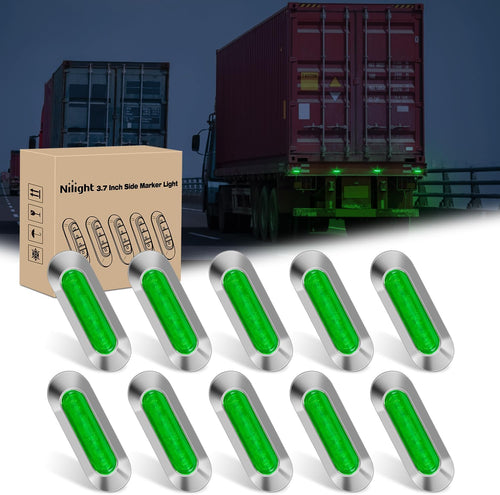 Nilight 3.7 Inch Green Oval Side Marker Light, 4 LED IP68 Waterproof | Chrome Bezel DC 12-24V Surface Mount 10 Pack Marker & Clearance Light for Trucks Trailers Cars RVs Buses & Boats