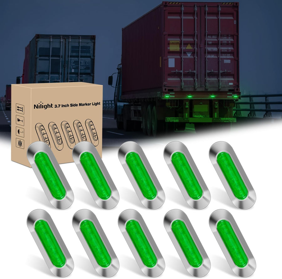 Nilight 3.7 Inch Green Oval Side Marker Light, 4 LED IP68 Waterproof | Chrome Bezel DC 12-24V Surface Mount 10 Pack Marker & Clearance Light for Trucks Trailers Cars RVs Buses & Boats