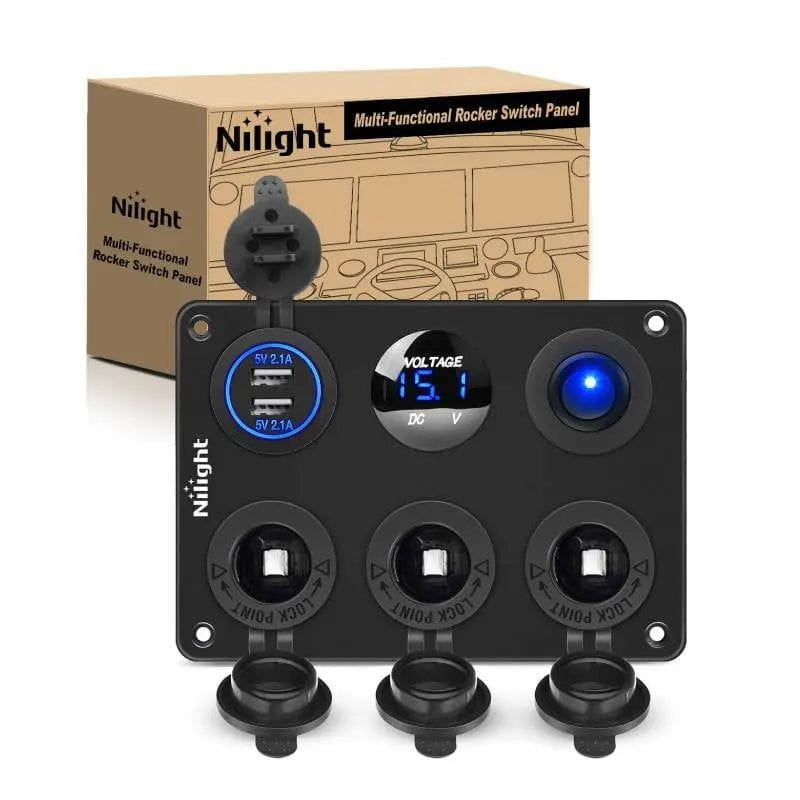 Nilight 3 Cigarette Socket Switch Panel w/ Dual USB Charger LED Voltmeter