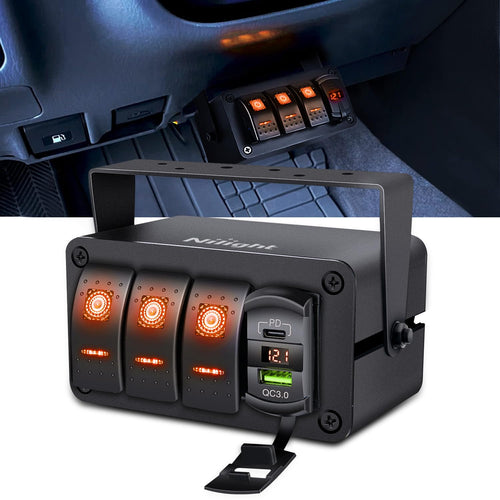 Nilight 3 Gang Rocker Switch Box 12V SPST ON Off Toggle Switches PD Type C and QC 3.0 USB Sockcet Voltmeter LED Light Waterproof Aluminum Mount Bracket Panel DIY Stickers for Boat Car RV Truck