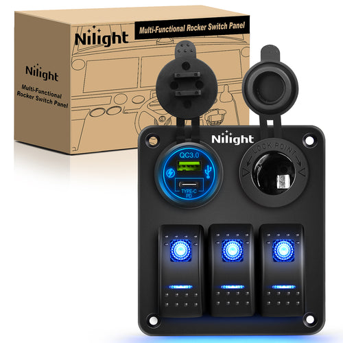 Nilight 3 Gang Rocker Switch Panel Pre-Wired Aluminum with PD Type C and USB Cigarette Lighter Socket Night Glow Stickers 12V 24V ON Off Switches for Car Trucks Boats RVs