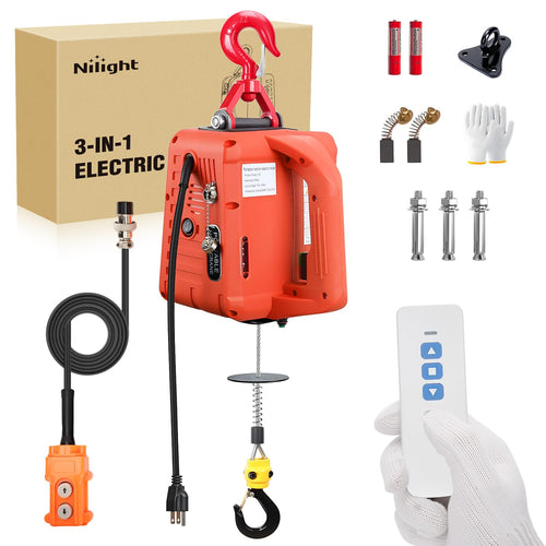 Nilight 3-in-1 Electric Hoist Winch, 1100LBS 1500W Portable Power Winch Crane with Manual Wired Wireless Remote Control, 110V Electric Hoist 25FT Lifting Height for Garage Warehouses Factories, Orange