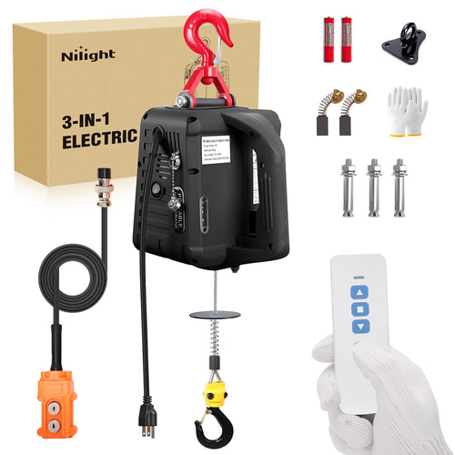 Nilight 3-in-1 Electric Hoist Winch, 1100LBS 1500W Portable Power Winch Crane with Manual Wired Wireless Remote Control, 110V Electric Winch 25FT Lifting Height for Garage Warehouses Factories, Black