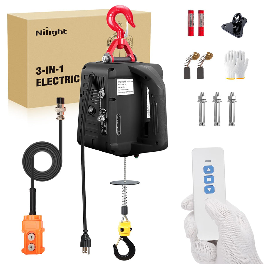 Nilight 3-in-1 Electric Hoist Winch, 1100LBS 1500W Portable Power Winch Crane with Manual Wired Wireless Remote Control, 110V Electric Winch 25FT Lifting Height for Garage Warehouses Factories, Black