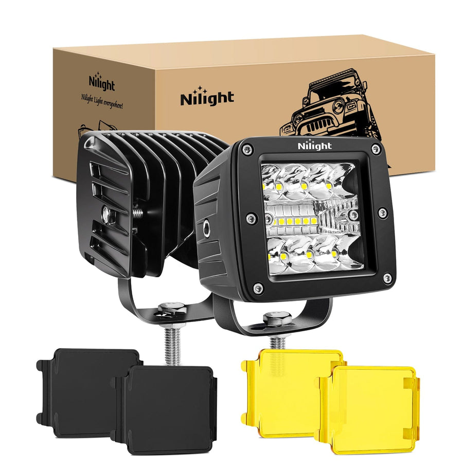 Nilight 3 Inch 42W Upgraded Triple Row Spot Flood Square LED Pods with Amber/Black Covers (Pair)