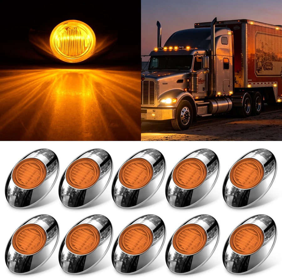 Nilight 3 Inch Oval LED Trailer Marker Light, Chrome Bezel Amber Lens | 10 Pack IP67 Waterproof 12V Surface Mount Marker & Clearance Light, Fits Semi Trucks Trailers RVs Pickup Trucks Vans