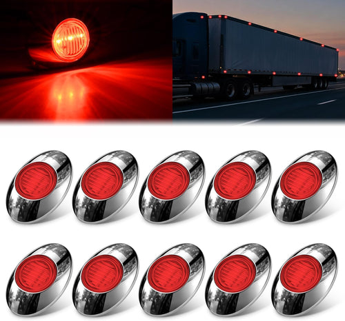 Nilight 3 Inch Oval LED Trailer Marker Light, Chrome Bezel Red Lens | 10 Pack IP67 Waterproof 12V Surface Mount Marker & Clearance Light, Fits Semi Trucks Trailers RVs Pickup Trucks Vans