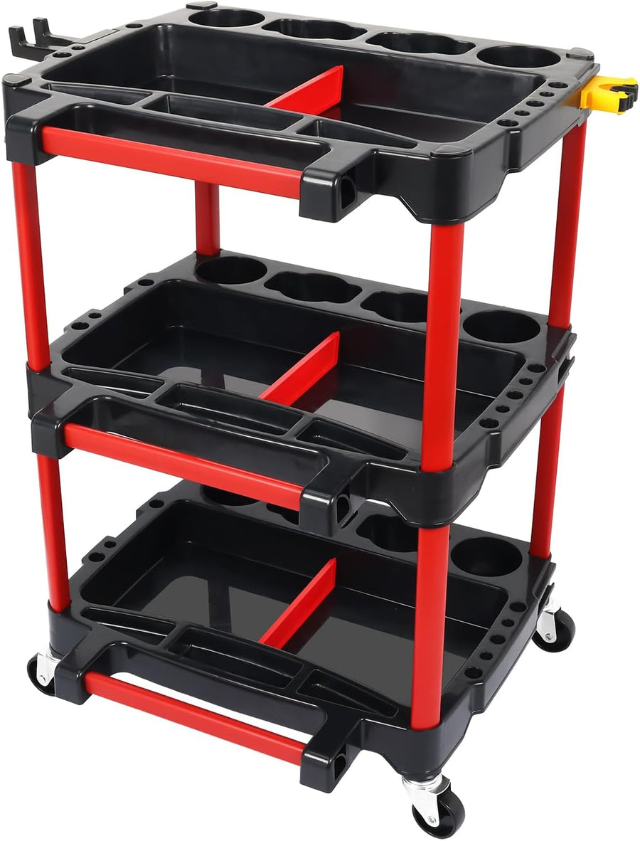 Nilight 3-Tier Car Detailing Cart with Polisher Brackets - Rolling Utility Plastic Cart with Organizer & Hooks - Heavy Duty Mobile Tool Station