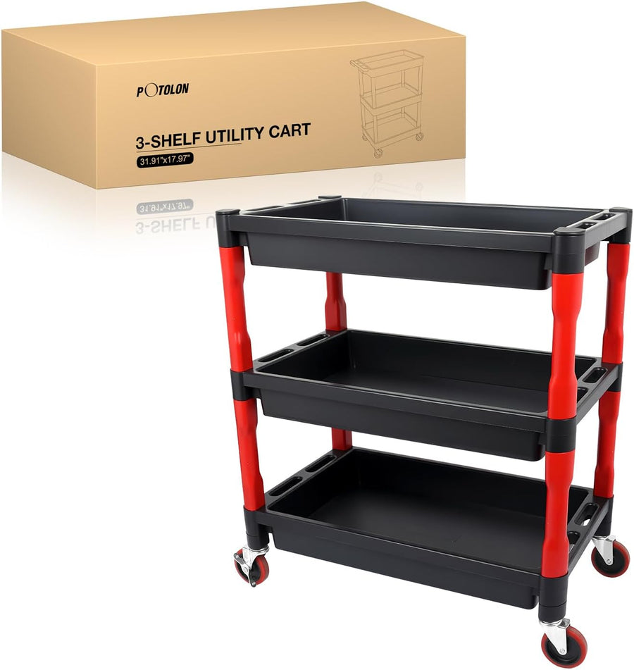 Nilight 3-Tier Rolling Utility Cart with 4 Inch Swivel Wheels, Heavy-Duty Plastic Tool Cart for Auto Detailing, Garage & Workshop