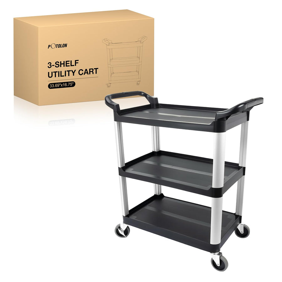 Nilight 3-Tier Utility Plastic Cart with Steel Frame - 220 lbs Capacity Rolling Service Cart with Locking Wheels - Professional Bus Cart