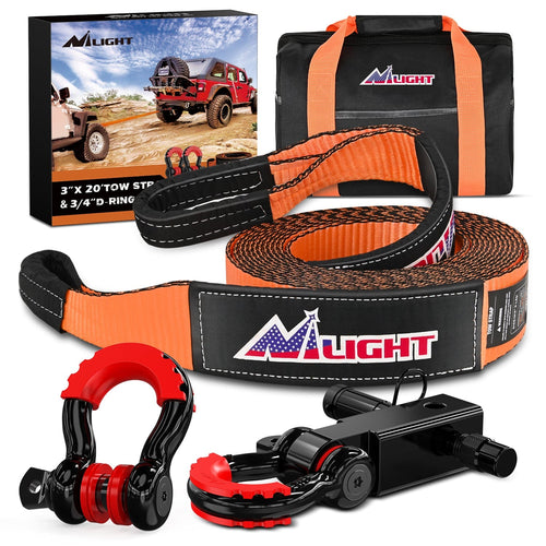 Nilight 3 x 20 Inch Recovery Tow Strap Kit with 2Inch Hitch Receiver and 3/4Inch Anti-Theft D-Ring Shackles